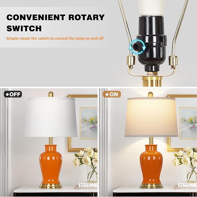 Orange Ceramic Lamps Set of 2, 23" Modern Table Lamps for Living Room, Stylish Bedroom Ginger Jar Lamps, Elegant Bedside Lamp for Night Stand Desk Side End Table Home Decor(Bulbs Included)