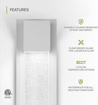 ASD LED 24" Bubble Glass Wall Light Fixture, Outdoor & Indoor Seeded Sconce | 3CCT, Waterproof, Dimmable, ETL Listed | 20W 600LM 3000-5000K 100-277V | Exterior Lantern, Porch Lighting | White