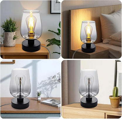 INVGOOD 3 Way Dimmable Touch Bedside Table Lamp, Black Glass Small Desk Lamp with Three Charging Ports for Bedroom Living Room Nightstand, 800LM LED Warm White Bulb Included