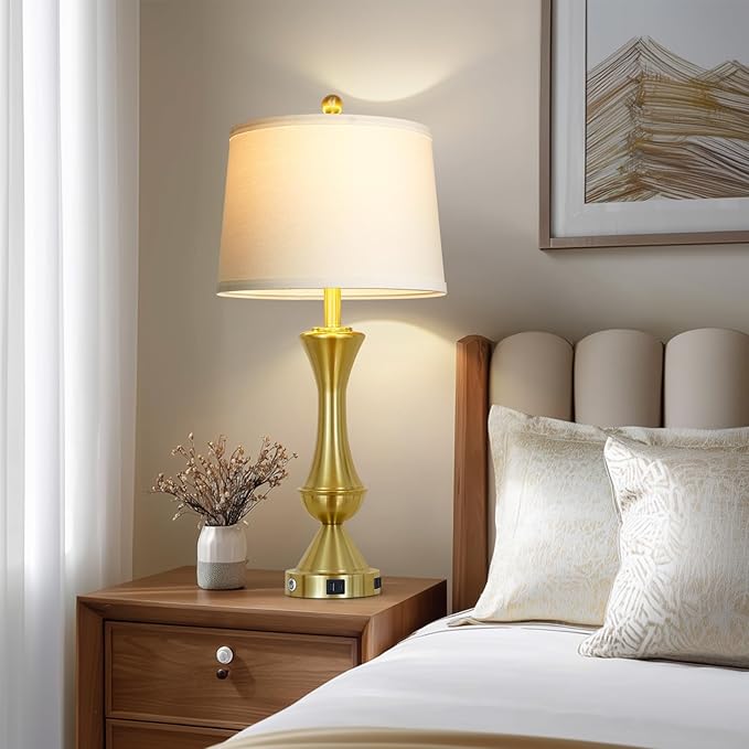 29" Tall Gold Table Lamps Set of 2 for Living Room, Touch Control Bedroom Lamps for Nightstand, 3-Way Dimmable Bedside Lamp with USB A+C Port &AC Outlets(2 LED Bulbs Included)