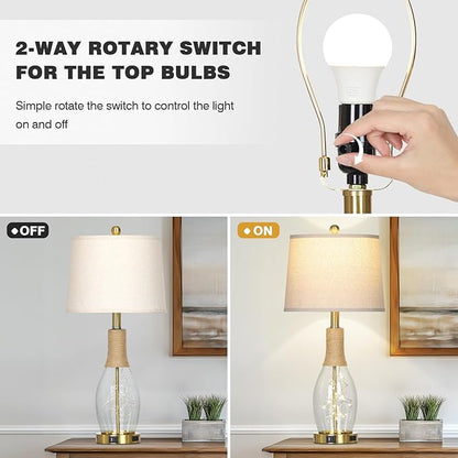 27.5" Coastal Glass Table Lamps Set of 2, Touch Control 3-Way Dimmable Modern Table Lamps with USB A+C Ports & AC Outlets, Farmhouse Rustic Boho Vintage Night Light for Living Room Bedroom Gold Ocean