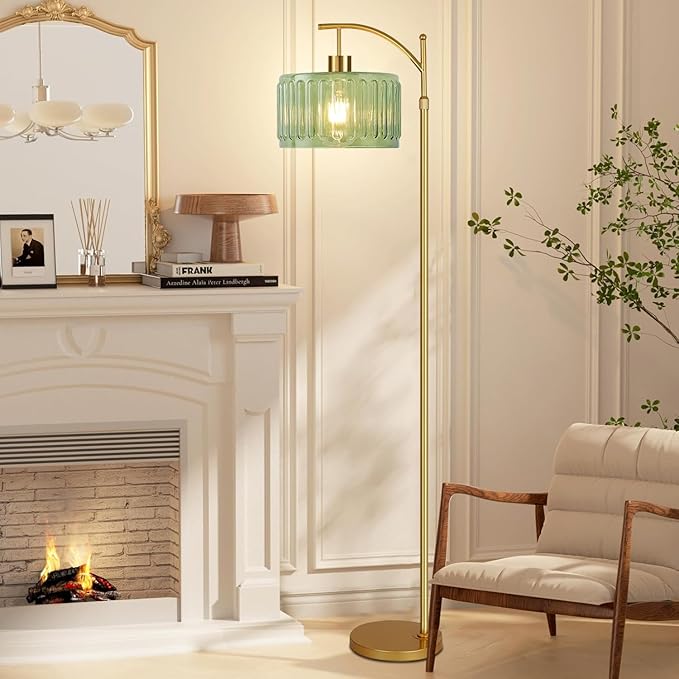 Glass Floor Lamp for Living Room,Bedroom,Gold Mid Century Modern Standing Lamp with Remote,Dimmable Brass Tall Lamp Vintage Retro Green Arc Flower Floor Light Boho Bohemian