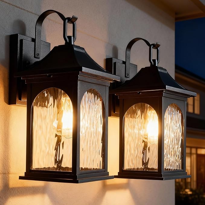 Porch Lights Outdoor Light Fixtures Wall Mount, 13.78 Inch Black Exterior Light Fixtures with Water Ripple Glass, Modern Outdoor sconces Wall Lighting Fixture for Patio House Garage, 2 Pack