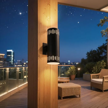 Outdoor Wall Lights Stainless Steel, 23W 3000K Integrated LED Cylinder Up Down Wall Sconces, 1300LM Warm White Exterior Lightiing IP65 Waterproof Light Fixture for House, Porch, 2 Pack Black