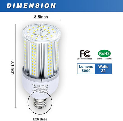 32W LED Light Bulb, E26 Base with E27 Adapter, 5000K 5000LM LED Light Bulb for Garage Warehouse Workshop Barn (32Watts)