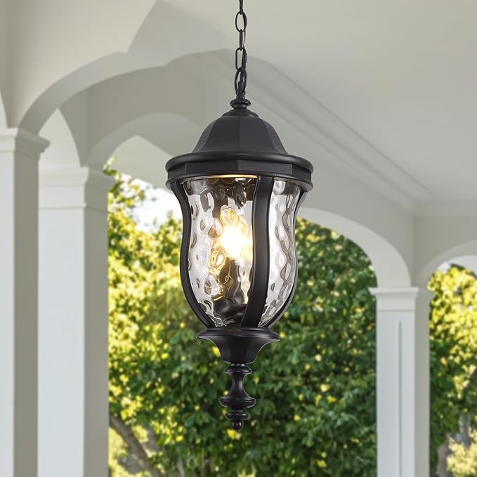 Large Outdoor Pendant Light Fixtures, 23.6'' Exterior Hanging Lantern Porch Light Adjustable, Black Hanging Lamp Farmhouse Exterior Chandelier Ceiling Mount for Entrance Patio