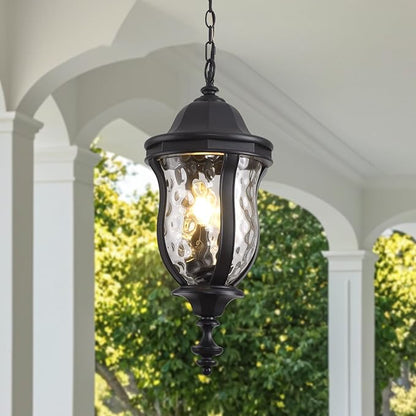 Large Outdoor Pendant Light Fixtures, 23.6'' Exterior Hanging Lantern Porch Light Adjustable, Black Hanging Lamp Farmhouse Exterior Chandelier Ceiling Mount for Entrance Patio