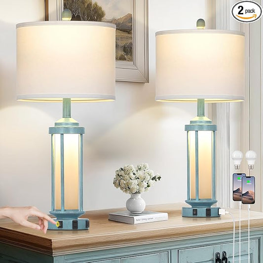 Farmhouse Table Lamps Set of 2 for Living Room, 27" Tall Rustic Vintage Table Lamp with USB A+C Charging Ports & AC Outlet, Modern Retro industrial Nightstand Bedside Lamp for Bedroom Side Table Decor