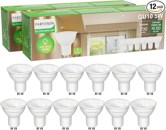 GU10 LED Light Bulbs - 5W, Warm White (3000K), Non-Dimmable, 700 Lumens, Wide 110° Flood Beam, Great for Recessed and Track Lighting in Kitchens, Living Rooms, and Bedrooms, 12-Pack