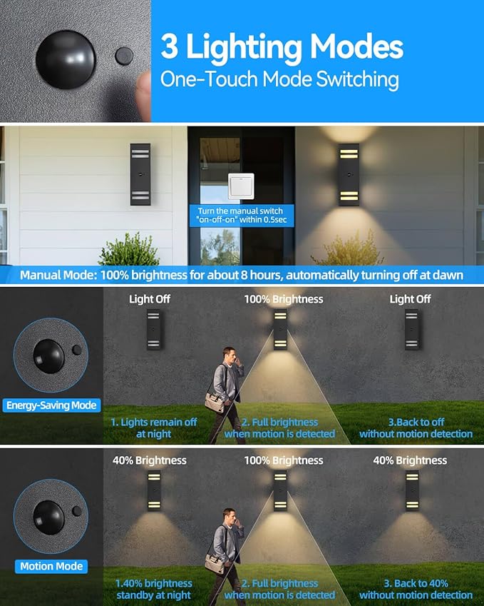 Motion Sensor Outdoor Lights 2 Pack, Modern Outdoor Wall Lights Black Exterior Lighting Fixtures, Square Motion Detector Lights for Outside, Waterproof Sconce for House Porch, Bulbs Included