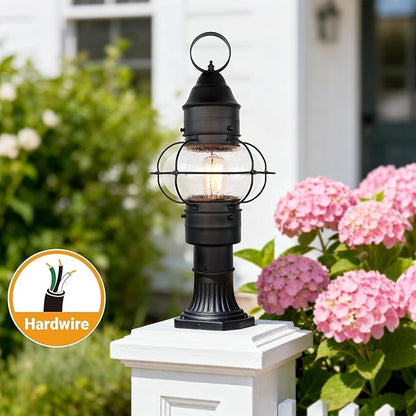 Kalium Outdoor Post Light Hard Wired, Matte Black Lamp Post Light Fixture with Seeded Glass,19" Waterproof Outside Column Lantern for Yard Driveway Patio Garden Walkway Landscape E26 Base Max 60