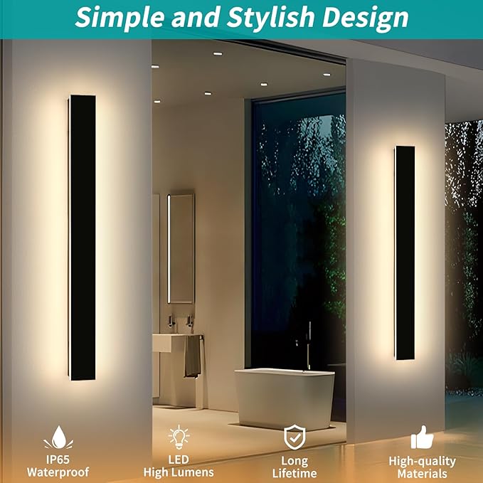 Mikeru 2 Pack 47.2inch Modern Outdoor Wall Sconce, 3000K/4500K/6000K 3 Color Temperature LED Exterior Light Fixtures, Modern Long Porch Lights Wall Sconce for Garage, Doorway, Porch, Patio