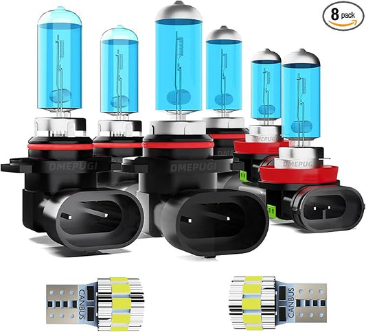 Compatible With Civic 2007-2013 Halogen Headlight Bulbs, 9005/HB3/H10 High Beam + 9006/HB4 Low Beam halogen + h11 fog lights,T10 License Plate Lights, Plug N Play,Pack of 8