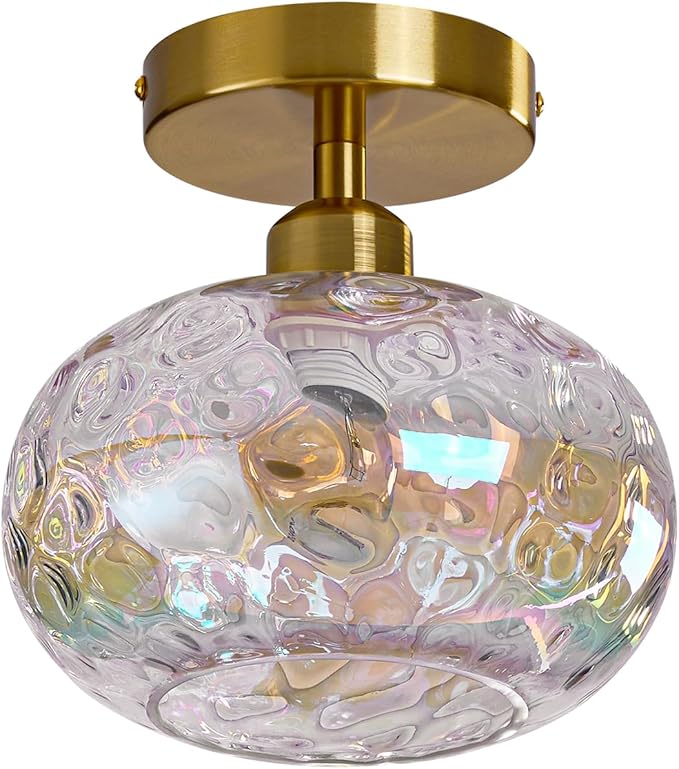 Vintage Glass Flush Mount Ceiling Light - 2 Pack，7.9 Inch Rainbow Hammered Glass Hallway Light fixtures Ceiling, Gold Semi Flush Mount Ceiling Light for entryway Foyer Laundry Room Kitchen