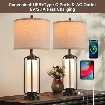 Farmhouse Lamps for Living Room Vintage Bedroom Nightstand Table LampRustic Bedside Lamp Lamps Set of 2 Rocker Switch & USB A+C Charging Ports & AC Outlet,Built-In Frosted Glass Night Light