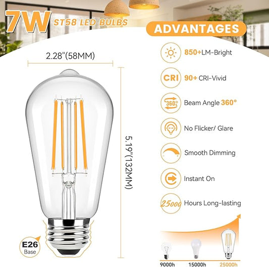 Brightever Dimmable Amber Light Bulbs 60 Watt Equivalent, 2200K Warm Light Vintage LED Edison Bulbs, 850LM, 90+CRI, 7W ST58 E26 LED Bulb, Clear Glass Antique Decorative Lights Bulb for Room, 6-Pack