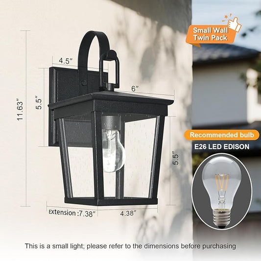 ALVIME Outdoor Wall Light Fixtures, 11 Inch 2 Pack Black Waterproof Outdoor Sconce Lights, Exterior Wall Lanterns, Porch Outside Lighting for Entryway, Backyard, Patio, E26 Base, Clear Seeded Glass