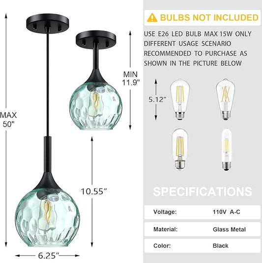 6.3" Hammer Green Glass Pendant Light 3 Pack Pendant Ceiling Light Fixture Black Finish Modern Farmhouse Dinning Over Sink Adjustable Height Cord