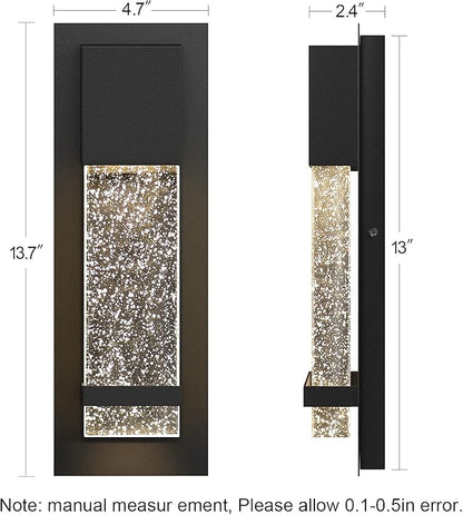 PARTPHONER Modern Wall Sconce, LED Wall Light with Crystal Bubble Glass Modern Porch Light Outdoor Indoor Wall Fixture 12W Lumen 3000K for Doorway Garden Hallway Patio Living Room, 2 Pack