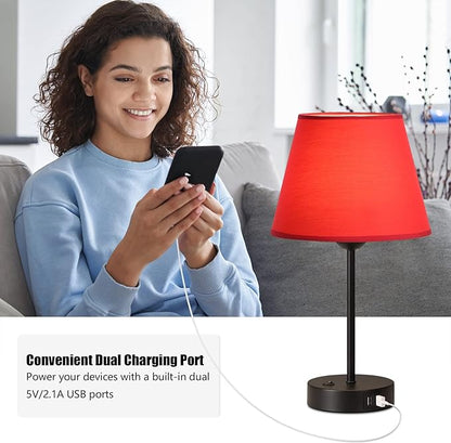 Table Lamps for Bedroom Set of 2, USB Bedside Lamps with Red Fabric Shade, Nightstand Lamps for Bedroom Living Room Study Room Office
