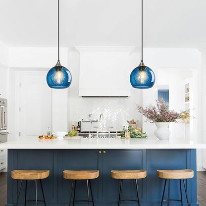 Blue Glass Pendant Lights Kitchen Island Lighting Globe Pendant Light Fixtures Modern Pendant Lighting for Kitchen Island Bedroom Living Dining Room Light Fixture(5.9in, 1-Pack)