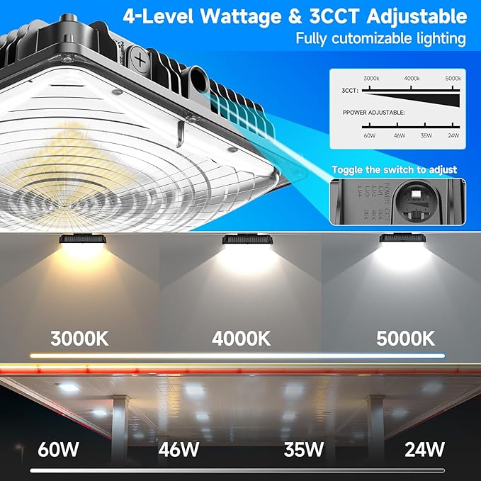 LED Canopy Light 60W, 9000LM LED Canopy Lights Outdoor, 5000K Daylight Square Gas Station Light for Carport Shop Garage Warehouse Porch Hotel Building Entrances UL Listed, 1 Pack