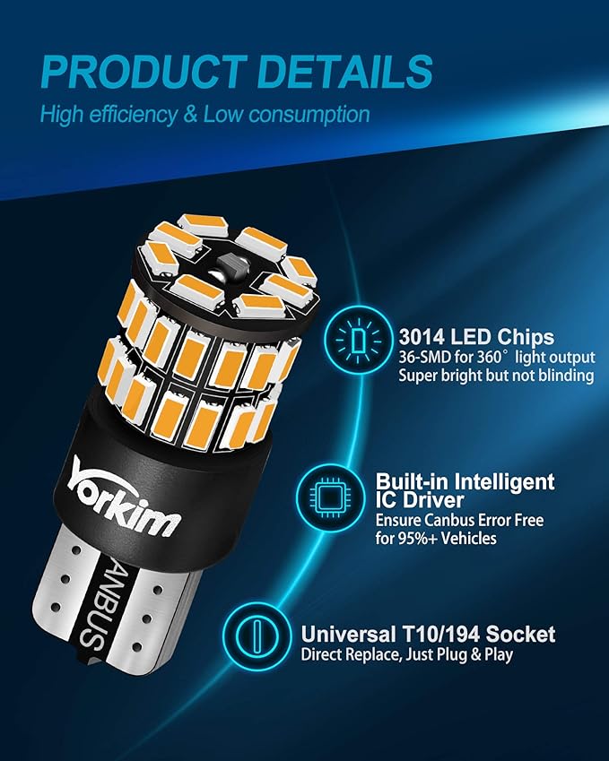 Yorkim 194 LED Bulb Amber Error Free T10 Led Amber 168 Bulb for Interior Light Door Courtesy Trunk License Plate Lights, 192 2825 W5W LED Replacement Bulbs for 12V Car, Pack of 2