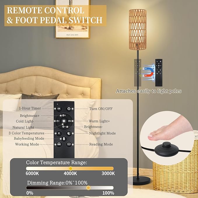 Floor Lamp for Living Room,Farmhouse Floor lamp,Modern Standing lamp with Hand-Worked Rattan Shade (Double Shade-with Remote)