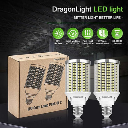 DragonLight 50W Super Bright LED Corn Light Bulbs (400 Watt Equivalent) - E26 Base LED Lamp 6000K Daylight 6,000 Lumens for Large Area Lighting, Pack of 2