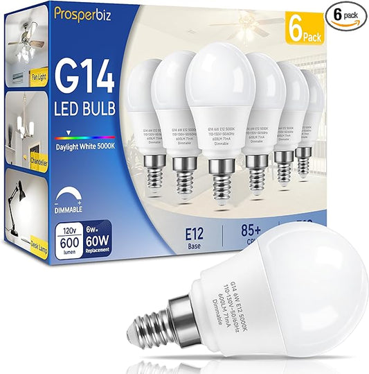 E12 Dimmable 6 watt (60w Equivalent) LED Light Bulbs, G14 Ceiling Fan Light Bulbs Daylight White 5000K, Candelabra Base Globe Shape LED Bulbs, 600 Lumen, 6 Pack