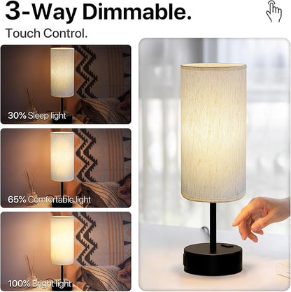 KPQ Small Bedside Lamp Touch Control Table Lamp with USB A+C Charging Ports & AC Outlet 3-Way Dimmable Nightstand Lamp with Linen Fabric Shade for Bedroom Living Room