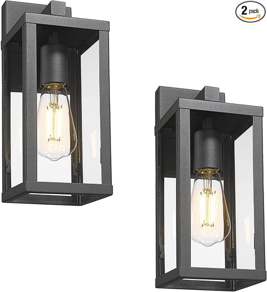 Outdoor Wall Light with Clear Glass, Anti-Rust Exterior Wall Sconce, Weather Resistant Outdoor Lantern, Exterior Lighting for Porch, Patio, Garage, Entryway (Black, 13" Height-2 Pack)