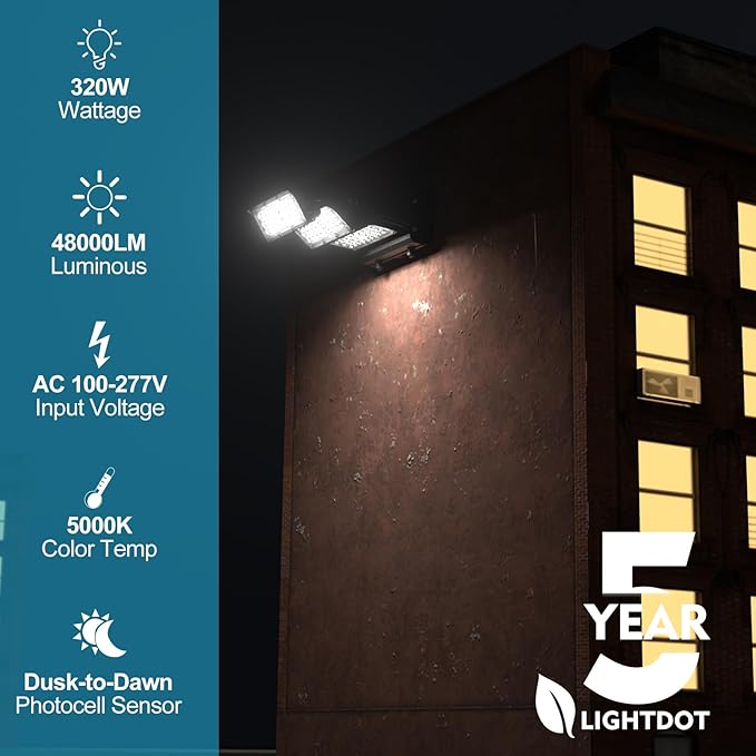 Lightdot 320W LED Wall Pack Lights, 360° Adjustable Panel with Dusk to Dawn Photocell, 48,000Lm 5000K Daylight, IP65 Waterproof & Advanced Heat Dissipation Outdoor Security Lighting(Height:35~45ft)