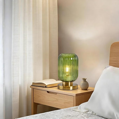 NKU Mid Century Modern Dimmable Table Lamp, Green Ribbed Glass Vintage Nightstand Lamp, Plug-in Bedside Lighting for Bedroom Living Room Office