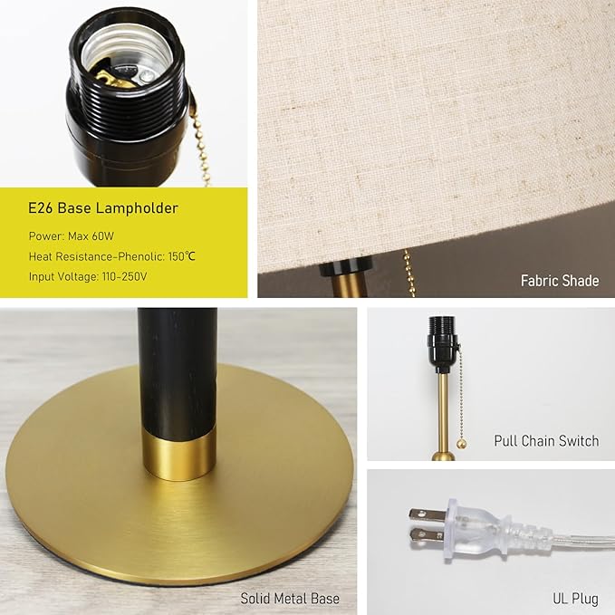 21" Set of 2 Modern Table Lamp Bedside Lamps for Bedroom Living Room Nightstand Lamp for End Tables 3-Color Temperatures Pull Chain Wood Fabric for Home Office Desk Decor (Light Brown+Brass)