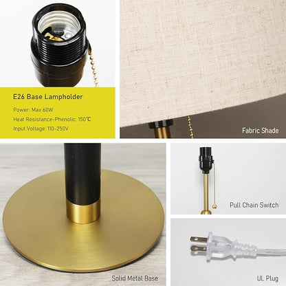 21" Set of 2 Modern Table Lamp Bedside Lamps for Bedroom Living Room Nightstand Lamp for End Tables 3-Color Temperatures Pull Chain Wood Fabric for Home Office Desk Decor (Light Brown+Brass)