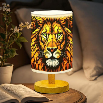 Lion Table Lamp LED 3-Color Pressed Bedside, Lion Shade Lamp with Wood Base for Bedroom Living Room Desk Office TL01