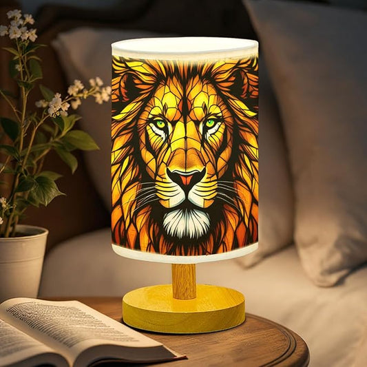 Lion Table Lamp LED 3-Color Pressed Bedside, Lion Shade Lamp with Wood Base for Bedroom Living Room Desk Office TL01