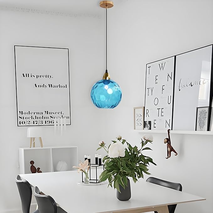 15cm/5.9’’ Industrial Vintage Spherical Glass Pendant Light, E26 Ceiling Hanging Lamp, Gold Finish & Ripple Glass Globe Shade, Dining Room Bedroom Chandelier (Azure Blue)