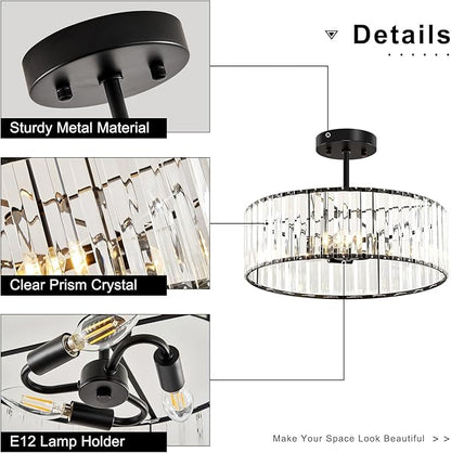 Modern Black Semi Flush Mount Ceiling Light Crystal 3-Light Light Fixture 15.75 Inch Kitchen Ceiling Lighting for Living Room Bedroom Dining Room Bathroom Entryway(Bulb Not Included)