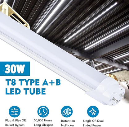 12-Pack 4FT LED T8 Type A+B Tube Lights, 30W(80W Equivalent), 4000LM, 6000K, Single or Double End Powered, Ballast Bypass, 4 Foot T10 T12 Fluorescent Bulbs Replacement, Frosted