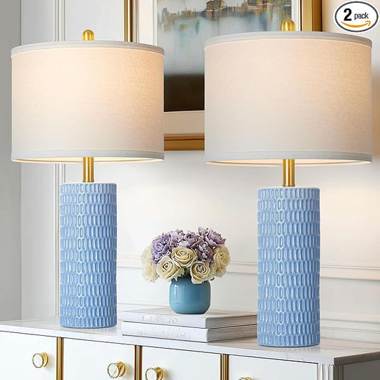 27" Blue Ceramic Lamps Set of 2, Coastal Ceramic Table Lamps for Living Room with Rotary Switch, Classic Bedside Lamp for Nightstand, Tall Lamps for Bedroom Side End Table Home Decor