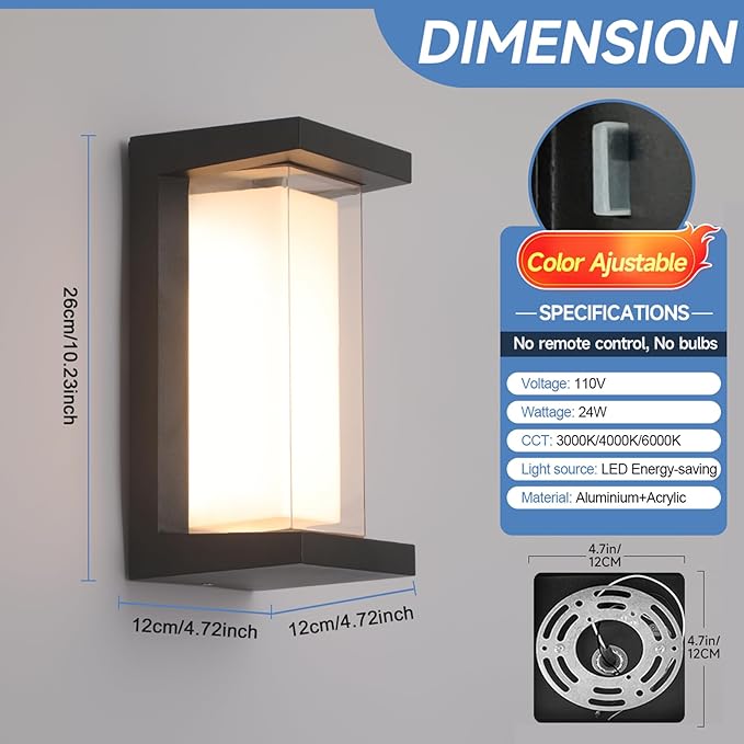 24W Outdoor Wall Lights Exterior/Interior LED 3-Color Adjustable 2100LM Sconces Lights IP65 Waterproof Modern Outdoor Lighting Fixtures Aluminum Wall Lights Compatible with Dimmers