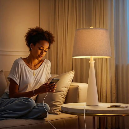 Oneach 25.75" White Table Lamp Set of 2, Modern Vintage Bedside Table Lamps with USB Ports, Traditional Nightstand Desk Lamps Set for Living Room Bedroom