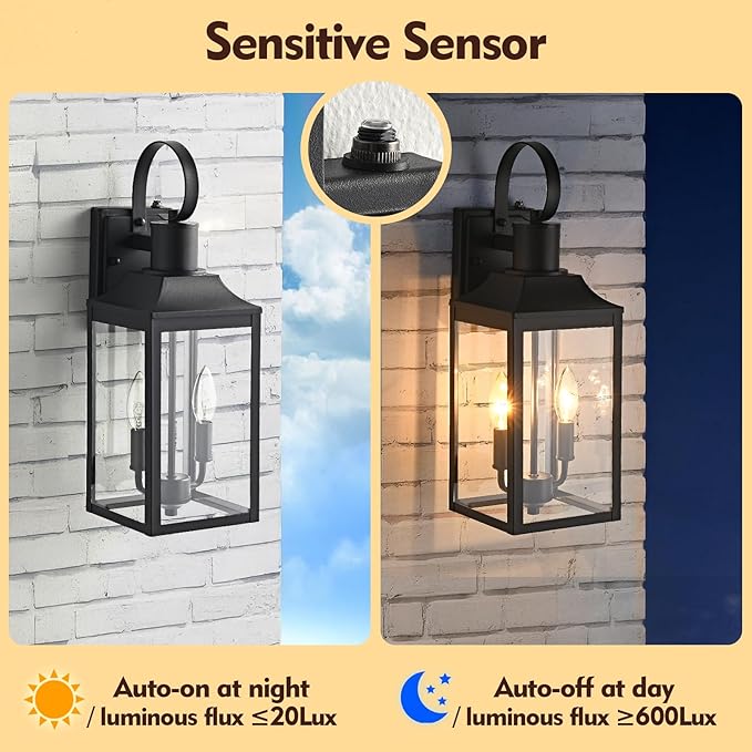 18.9" Black Dusk to Dawn Outdoor Lighting, 2-Light Industrial Porch Light with Clear Glass, Waterproof Farmhouse Outside Light Fixture Wall Mount for Porch, Patio, Garage (1 Pack)