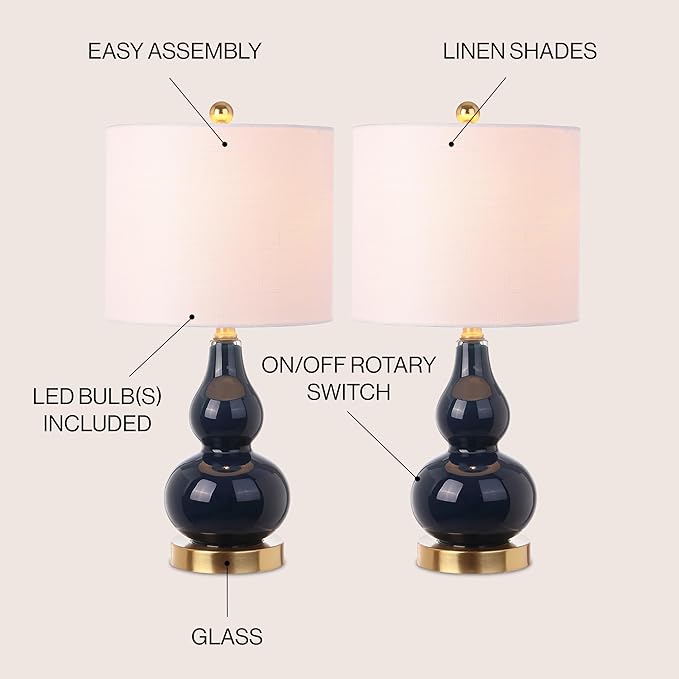 JONATHAN Y JYL1028F-SET2 20.5" Navy and Gold Glass Gourd Table Lamp Set of 2, Modern Glam Bedside Nightstand Lamps for Bedroom, Living Room, Office, End Table with White Linen Drum Shade