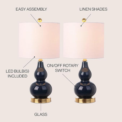JONATHAN Y JYL1028F-SET2 20.5" Navy and Gold Glass Gourd Table Lamp Set of 2, Modern Glam Bedside Nightstand Lamps for Bedroom, Living Room, Office, End Table with White Linen Drum Shade