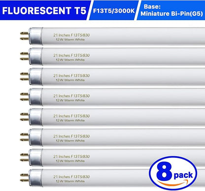 8 Pack 21 Inch T5 Fluorescent Light Bulb 13 Watt F13T5/WW Compatible with Sylvania Satco Philips GE Under Cabinet Tube Light Warm White 800 Lumen G5 Base 8 Count