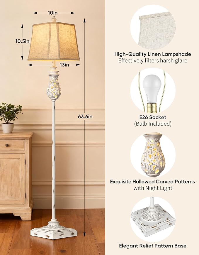 PARTPHONER 64'' Vintage Floor Lamp with Nightlight, Rustic Farmhouse Tall Standing Lamp with Rotary Switch and Beige Linen Shade for Living Room, Corner, Bedroom, House Decor, White (Bulb Included)