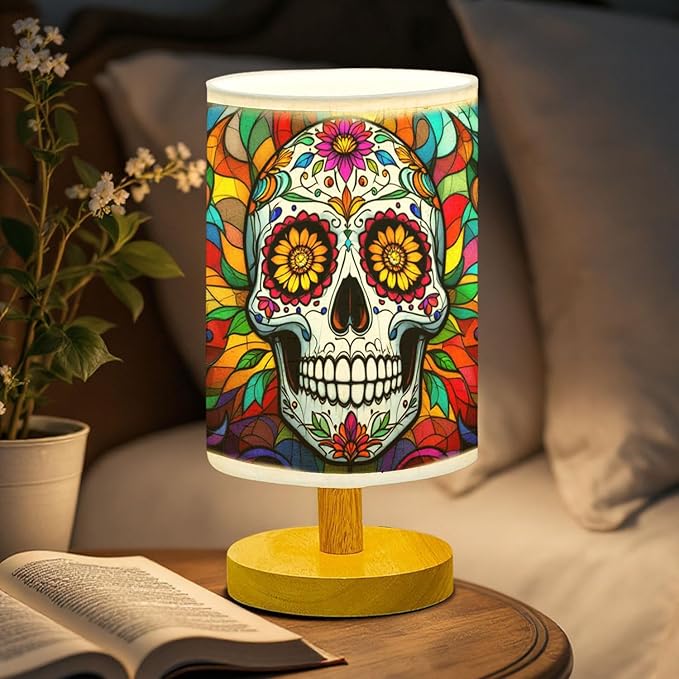 Day of The Dead Table Lamp LED 3-Color Pressed Bedside, Day of The Dead Shade Lamp with Wood Base for Bedroom Living Room Desk Office TL01